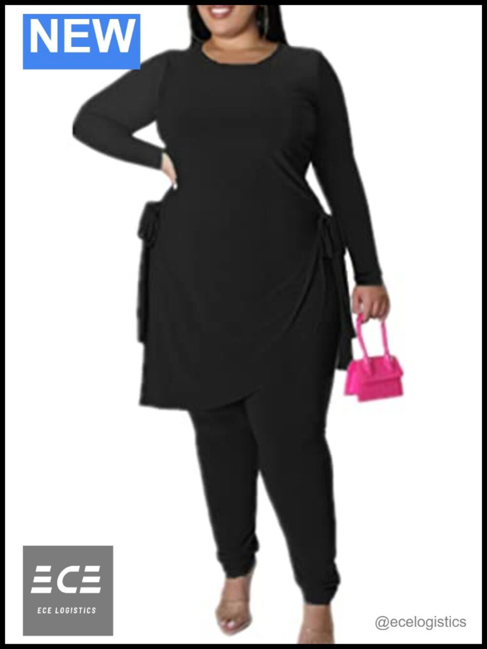 Women's Plus Size 2 Piece Outfit Long Sleeve Split Shirt & Bodycon Pants Set